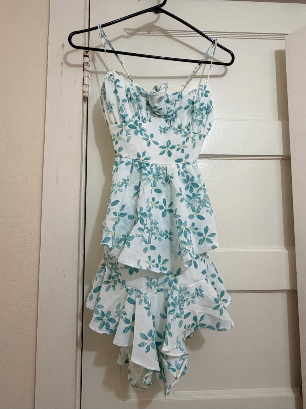 Selfie Leslie White Floral Tiered Ruffle Jumpsuit - Teal Floral